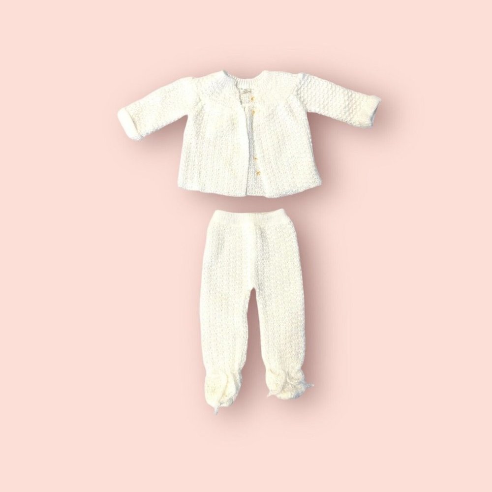 Vtg Italy Knit New Born Baby Layette Ribbon Sweater Pants White Wedding Baptism - Picture 13 of 15